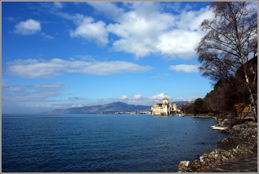 Die Bise sorgt f�r einen klaren Blick �ber den Genfersee,das Ch�teau de Chillon und den Mont P�lerin.
(26.02.2012)