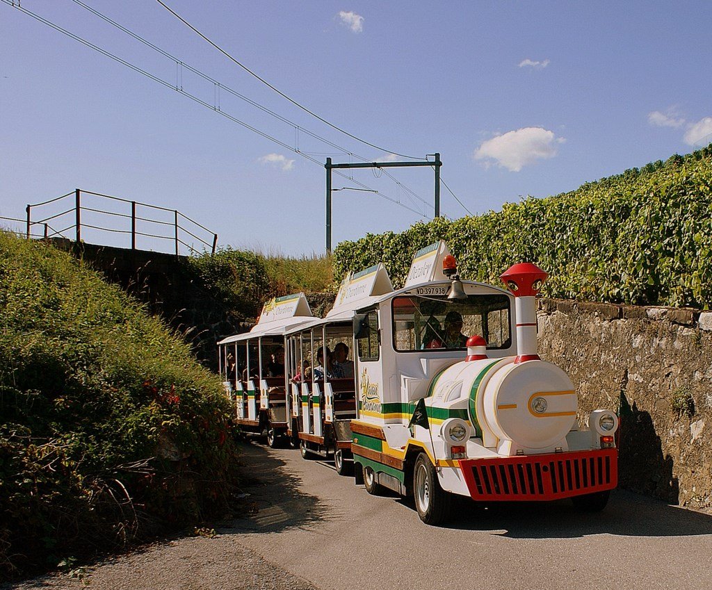 Nur in den w�rmerne Jahreszeiten unterwegs: der Train de Lavaux. Mit diesem Z�glein bummelt man gem�tlich durch die Weinberge udn ab und zu gibt es einen Stop um ein kleines Schl�ckchen zu geniessen...
(September 2009)