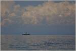 Das Dampfschiff Simplon auf der Fahrt nach Vevey, wirkt vor der grossen Wolkenwand beinahe winzig.